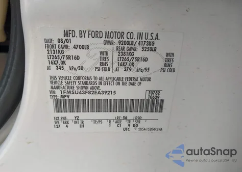 2002 Ford Excursion Limited from USA, damaged, VIN 1FMSU43F82EA39215